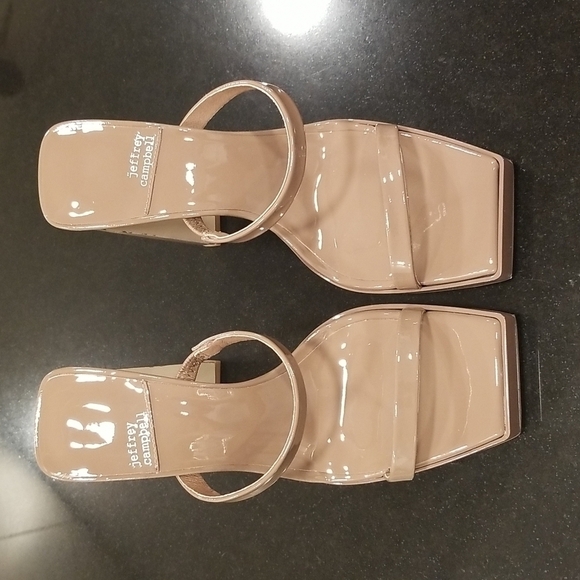 💕JEFFREY CAMPBELL💕 Hustler Platform Sandal Heels Taupe Patent Leather 7.5 NWOT - Picture 7 of 14